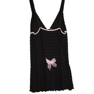 Women's Hillard & Hanson Baby Doll Nightgown L Black Pink Trim Bow on Butt NWOT